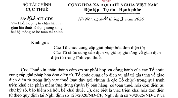Công văn 1902/CT-CĐS ngăn chặn gian lận thuế bằng 2 sổ kế toán