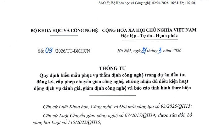 Thông tư 09/2026/TT-BKHCN mẫu thẩm định công nghệ trong dự án đầu tư