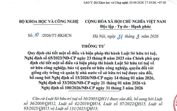 Đã có ﻿Thông tư 10/2026/TT-BKHCN hướng dẫn Luật Sở hữu trí tuệ