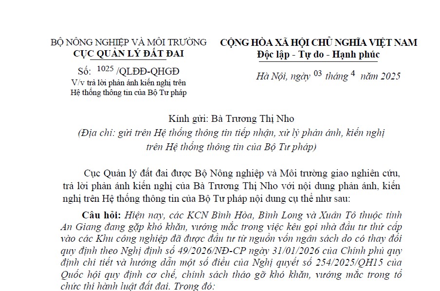 Công văn hướng dẫn chồng chéo thẩm quyền tại Nghị định Luật Đất đai (Công văn 1025/QLĐĐ-QHGĐ)