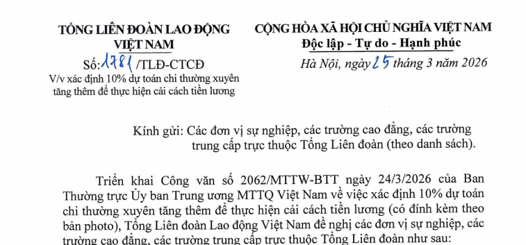 Toàn văn Công văn 1781/TLĐ-CTCĐ về cải cách tiền lương và trích 10% dự toán chi thường xuyên tăng thêm