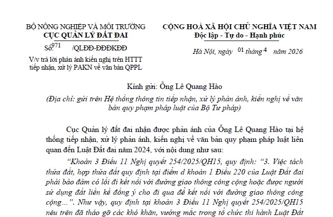Công văn 971/QLĐĐ-ĐĐĐKĐ hướng dẫn điều kiện tách thửa đất