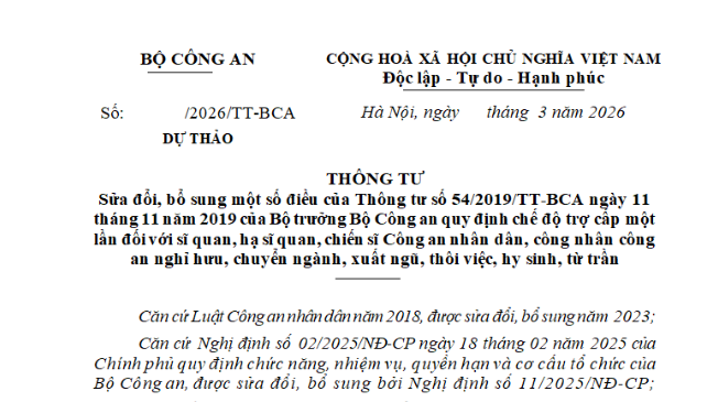 Đã có dự thảo Thông tư sửa đổi trợ cấp cho sĩ quan, hạ sĩ quan, chiến sĩ Công an nhân dân