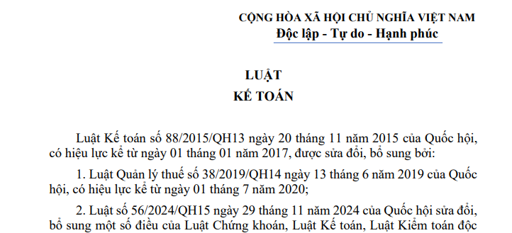 Văn bản hợp nhất Luật Kế toán mới nhất 2026 (VBHN 41/VBHN-VPQH)