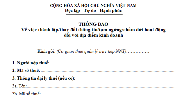 Mẫu thông báo địa điểm kinh doanh của hộ kinh doanh năm 2026