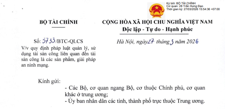 Công văn 3733/BTC-QLCS: Hướng dẫn quản lý và sử dụng tài sản công là giải pháp an ninh mạng