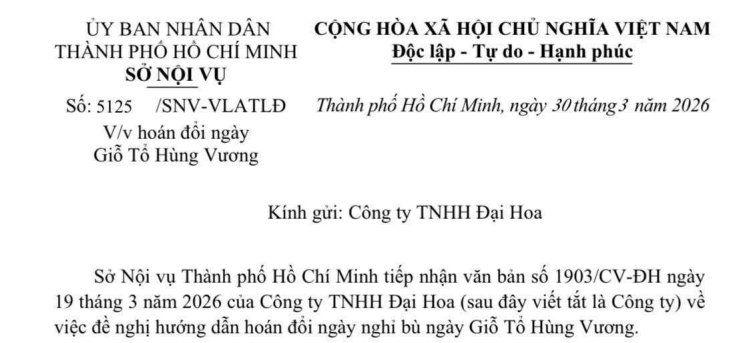 Công văn 5125 hướng dẫn hoán đổi ngày Giỗ Tổ Hùng Vương (Sở Nội vụ TPHCM)