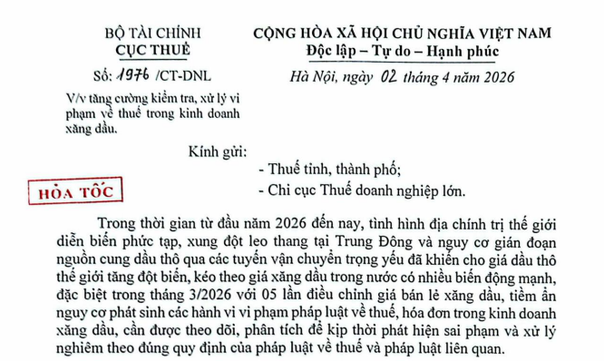 Công văn 1976/CT-DNL xử lý vi phạm về thuế trong kinh doanh xăng dầu