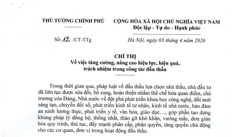 Chỉ thị 12 về công tác đấu thầu của Thủ tướng Chính phủ