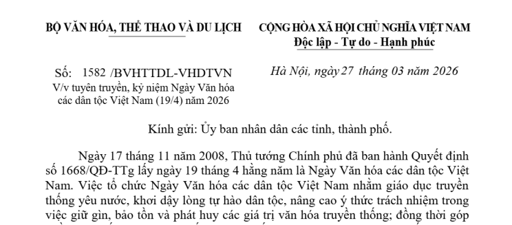 Công văn 1582: Hướng dẫn Ngày Văn hóa các dân tộc Việt Nam (19/4) năm 2026