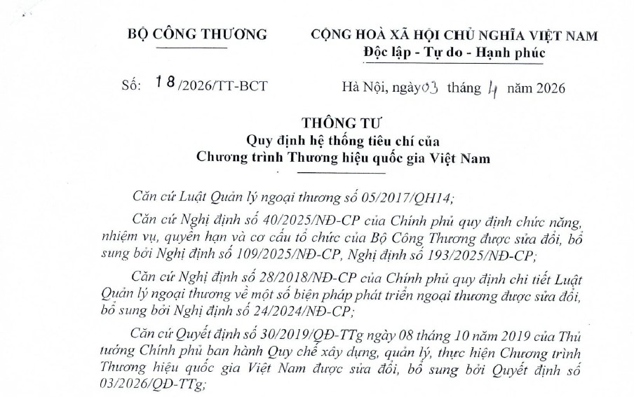 Thông tư 18/2026/TT-BCT Chương trình Thương hiệu quốc gia Việt Nam