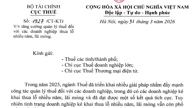 Công văn 1927/CT-KTr quản lý thuế đối với doanh nghiệp thua lỗ lãi mỏng