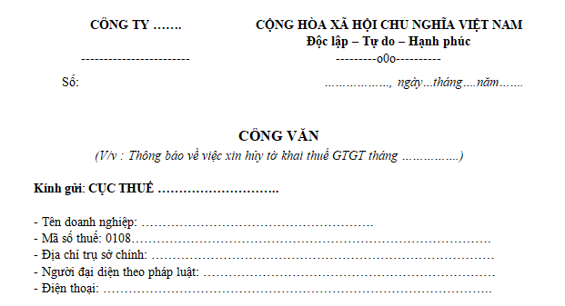 Mẫu Công văn xin hủy tờ khai thuế GTGT đã nộp mới nhất 2026