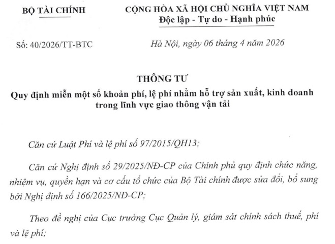 Đã có Thông tư 40/2026/TT-BTC miễn một số lệ phí trong lĩnh vực giao thông vận tải