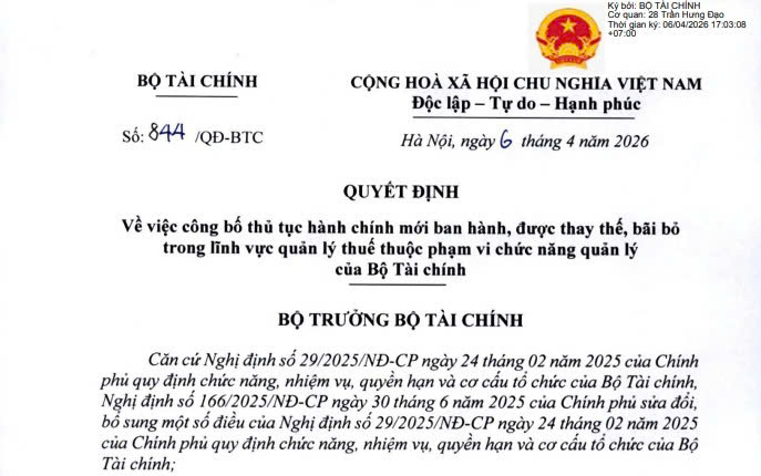 Đã có Quyết định 844/QĐ-BTC công bố 04 thủ tục thuế mới với hộ kinh doanh từ 06/4/2026 