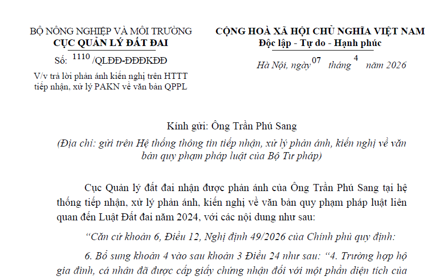 Công văn hướng dẫn cấp sổ đỏ đối với diện tích tăng thêm (Công văn 1110/QLĐĐ-ĐĐĐKĐĐ)