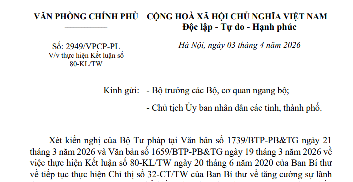 Công văn 2949: Chỉ đạo thực hiện Kết luận 80-KL/TW phổ biến giáo dục pháp luật đối với cán bộ, nhân dân