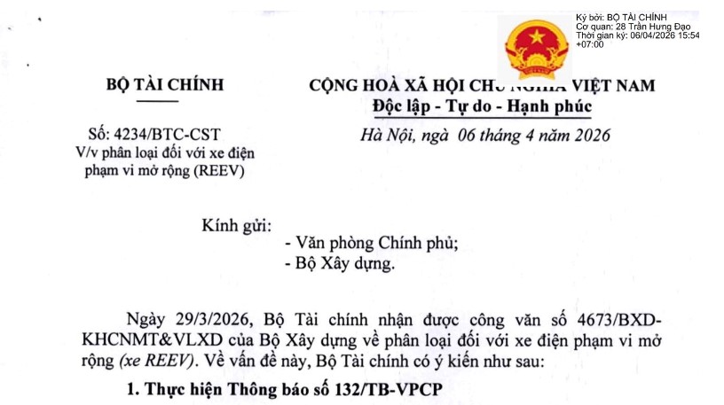 Toàn văn Công văn 4234/BTC-CST về phân loại đối với xe REEV (xe điện phạm vi mở rộng)