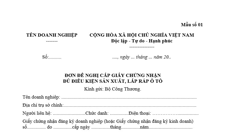 Đơn đề nghị cấp Giấy chứng nhận đủ điều kiện sản xuất lắp ráp ô tô mới nhất 2026