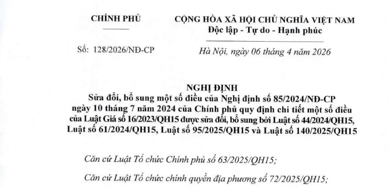 Đã có Nghị định 128/2026/NĐ-CP sửa đổi Nghị định 85/2024 về Luật Giá