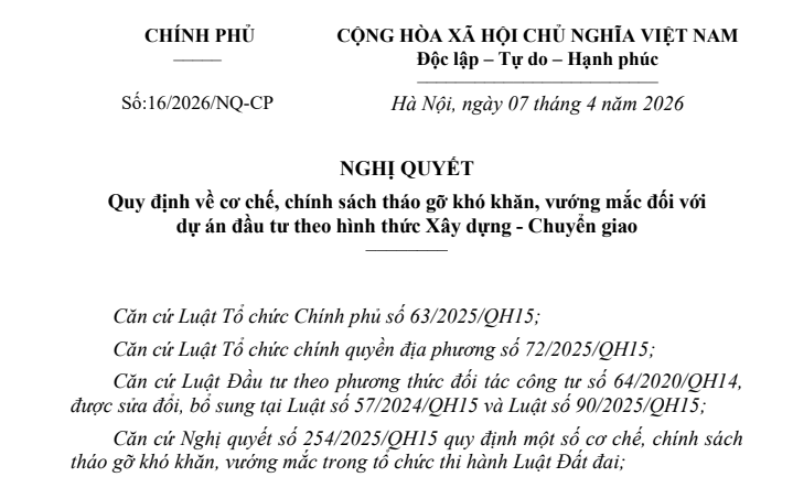 Đã có Nghị quyết 16/2026/NQ-CP chính sách tháo gỡ vướng mắc với dự án BT