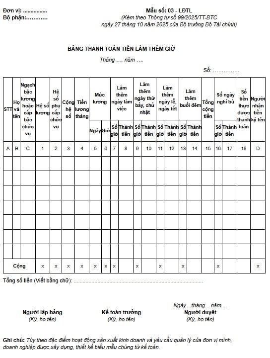 Mẫu bảng thanh toán tiền làm thêm giờ (Mẫu 03-LĐTL) theo Thông tư 99