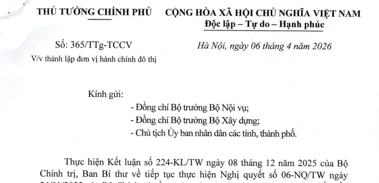 Công văn 365/TTg-TCCV: Chỉ đạo mới về thành lập đơn vị hành chính đô thị