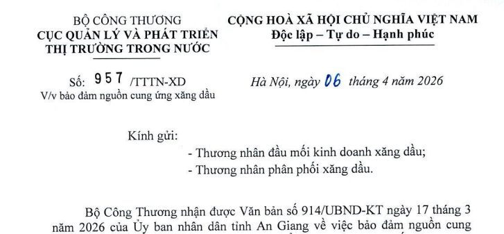 Công văn 957/TTTN-XD: Chỉ đạo mới về bảo đảm nguồn cung ứng xăng dầu
