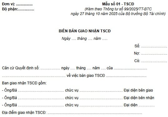 Mẫu biên bản giao nhận tài sản cố định (Mẫu 01-TSCĐ) theo Thông tư 99
