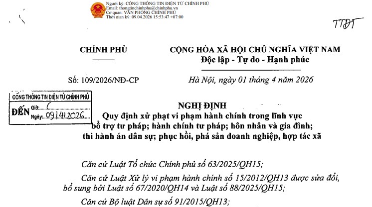 Nghị định 109/2026/NĐ-CP xử phạt vi phạm trong lĩnh vực tư pháp