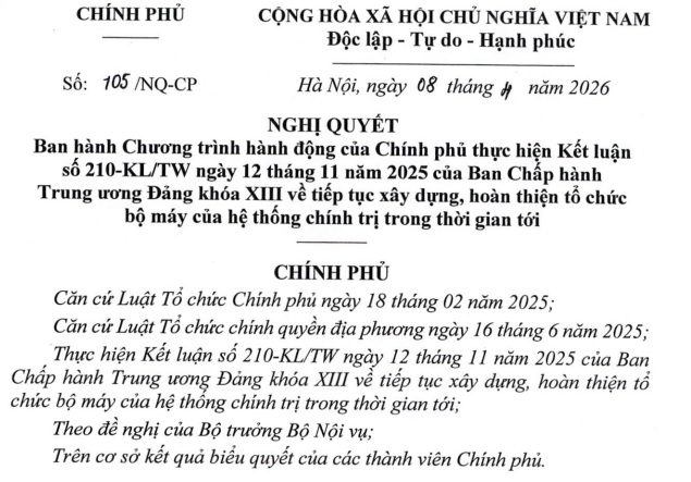 Đã có Nghị quyết 105/NQ-CP về hoàn thiện tổ chức bộ máy của hệ thống chính trị