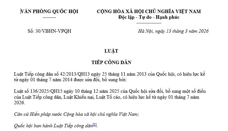 Văn bản hợp nhất Luật Tiếp công dân mới nhất năm 2026