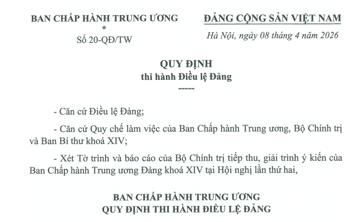 Đã có Quy định 20-QĐ/TW thi hành Điều lệ Đảng từ ngày 8/4/2026