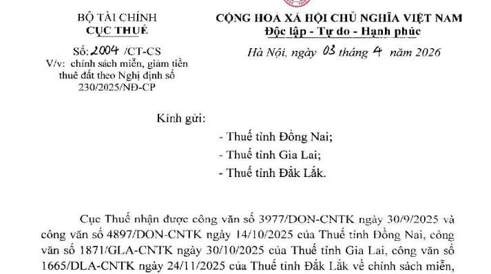 Công văn 2004/CT-CS chính sách miễn giảm tiền thuê đất theo Nghị định 230/2025
