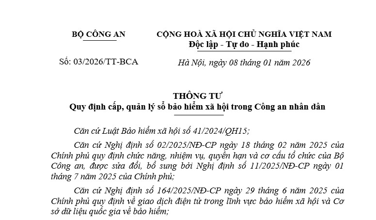Đã có Thông tư 03/2026/TT-BCA cấp quản lý sổ bảo hiểm xã hội trong Công an nhân dân