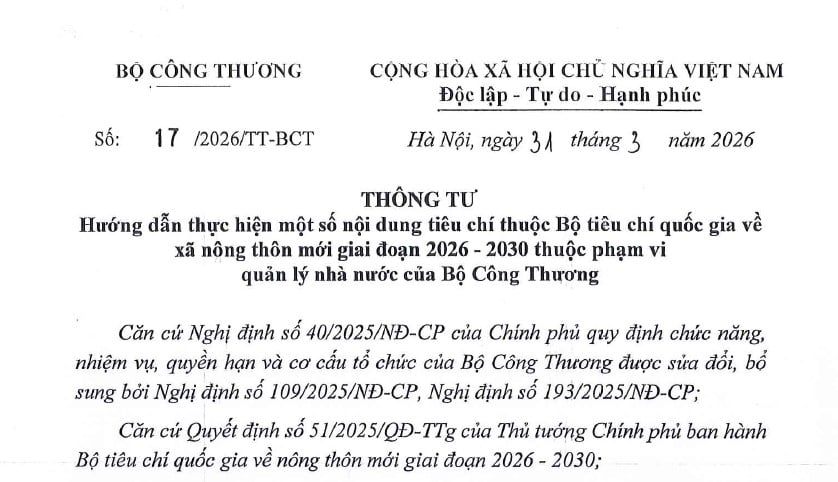 Đã có Thông tư 17/2026/TT-BCT Hướng dẫn tiêu chí xã nông thôn mới