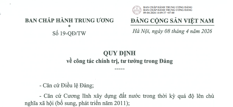Đã có Quy định 19-QĐ/TW về công tác tư tưởng chính trị trong Đảng