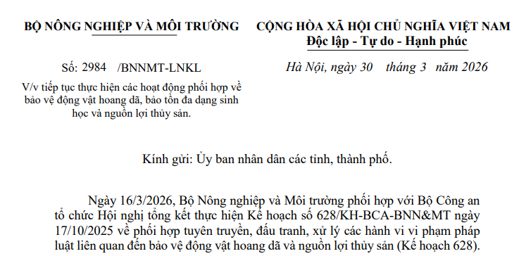 Công văn 2984/BNNMT-LNKL: Chỉ đạo mới về bảo vệ động vật hoang dã, bảo tồn đa dạng sinh học
