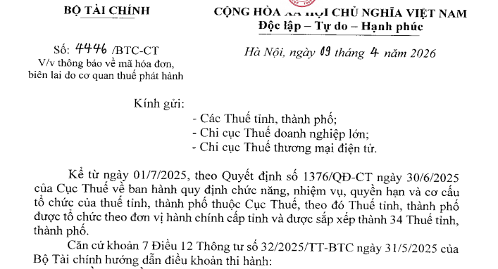 Công văn 4446/BTC-CT thông báo mã hóa đơn biên lai do cơ quan thuế phát hành