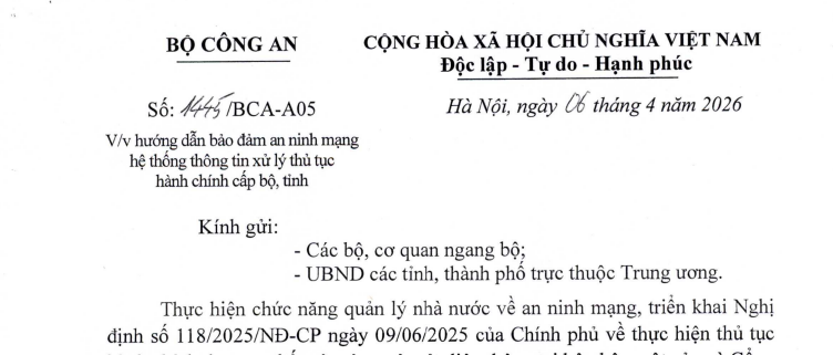 Bộ Công an hướng dẫn bảo đảm an ninh mạng hệ thống thông tin xử lý TTHC (Công văn 14451/BCA-A05)