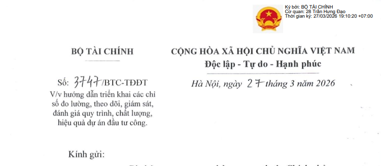 Công văn 3747/BTC-TĐĐT: Hướng dẫn bộ chỉ số giám sát, đánh giá dự án đầu tư công mới nhất