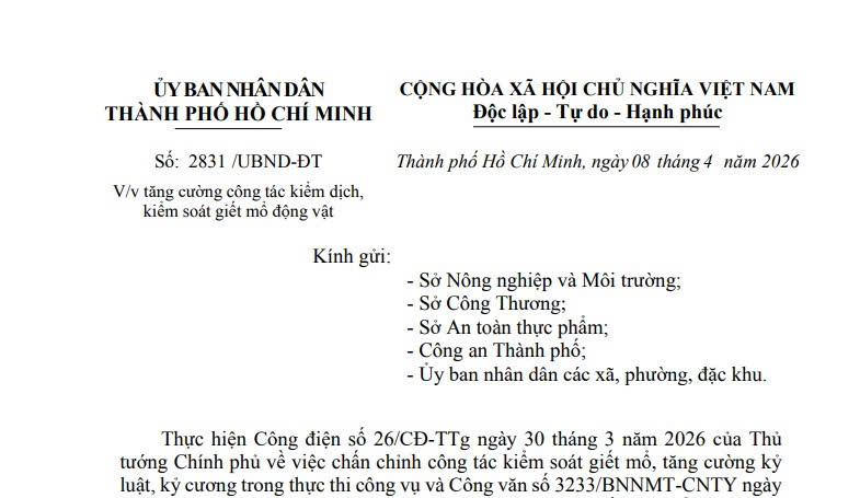 Công văn 2831: Tăng cường công tác kiểm dịch và kiểm soát giết mổ động vật tại TPHCM 