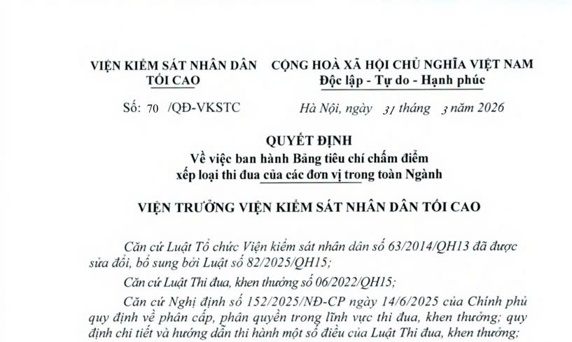 Bảng tiêu chí chấm điểm xếp loại thi đua trong ngành Kiểm sát nhân dân (Quyết định 70/QÐ-VKSTC)