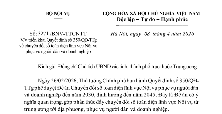 Công văn 3271/BNV-TTCNTT: Chỉ đạo mới về chuyển đổi số toàn diện lĩnh vực Nội vụ