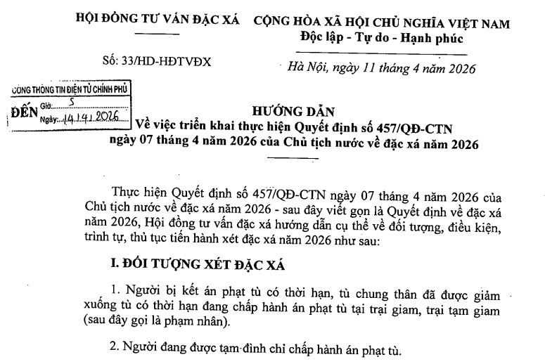 Đã có Hướng dẫn 33/HD-HĐTVĐX về đặc xá năm 2026