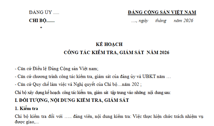 Mẫu kế hoạch kiểm tra giám sát của Chi bộ mới nhất 2026