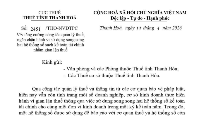 Công văn ngăn chặn gian lận thuế bằng hành vi sử dụng 2 sổ kế toán của Thuế tỉnh Thanh Hóa