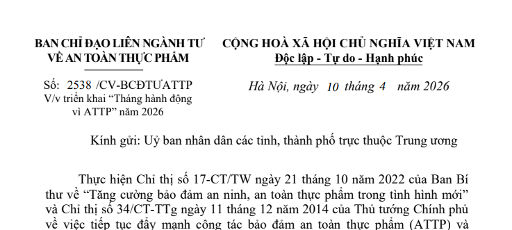 Công văn 2538: Chỉ đạo triển khai Tháng hành động vì an toàn thực phẩm năm 2026