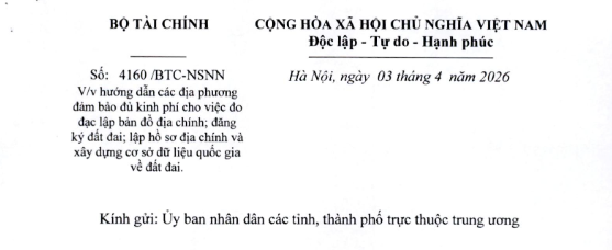 Đã có Công văn 4160/BTC-NSNN về kinh phí lập bản đồ địa chính, đăng ký đất đai. lập hồ sơ địa chính