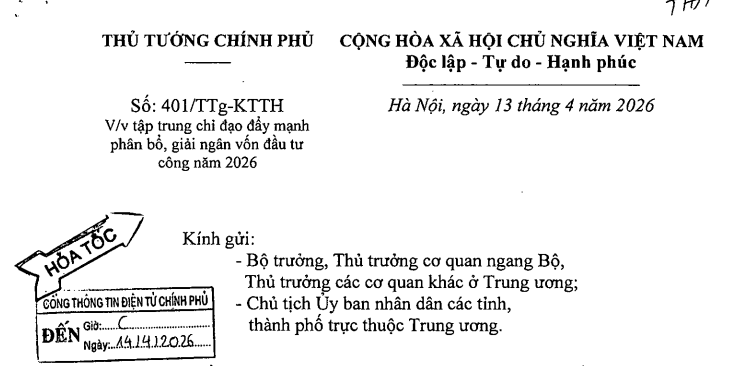 Công văn 401/TTg-KTTH: Chỉ đạo hỏa tốc về phân bổ giải ngân vốn đầu tư công năm 2026